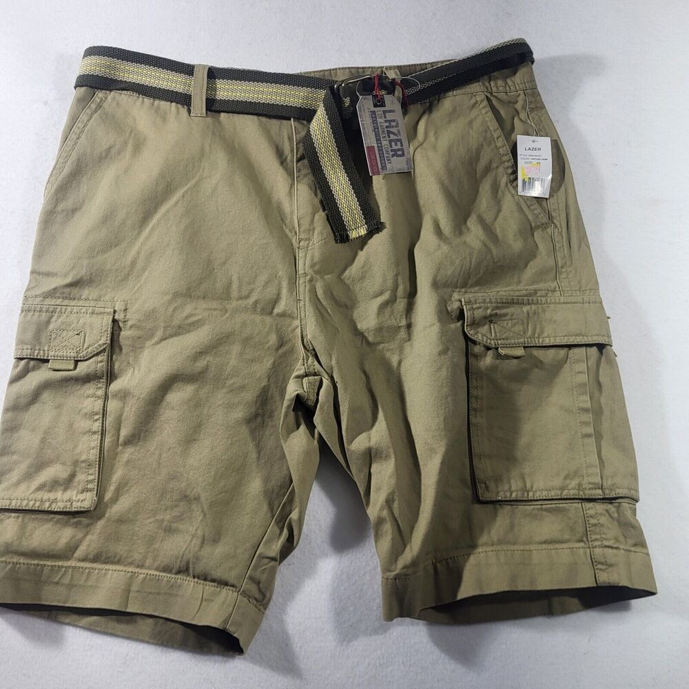 Men's Lazer Belted Cargo Messenger Shorts Kahki Sz-40